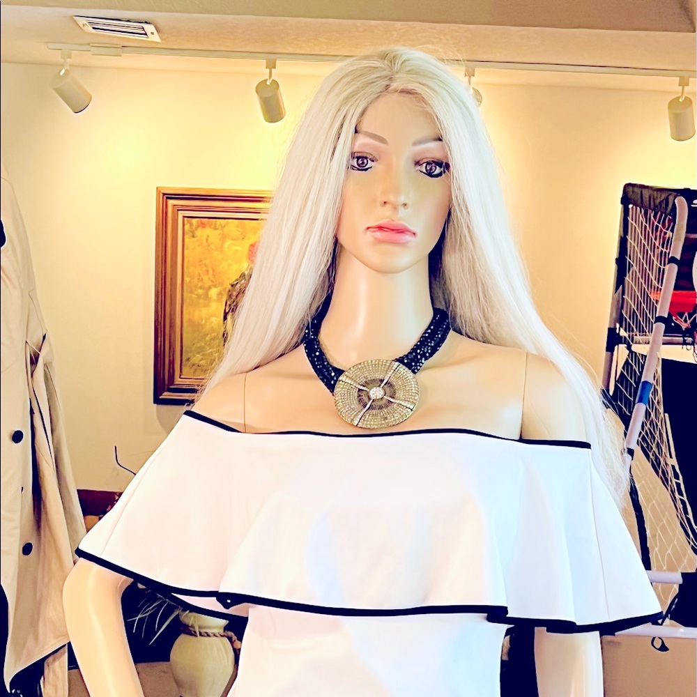 White with black pin strip dress